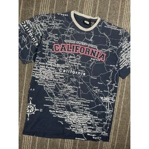 State Of Mine Shirt Mens Medium Blue California Map‎ All Over Print Aop Vtg Y2K